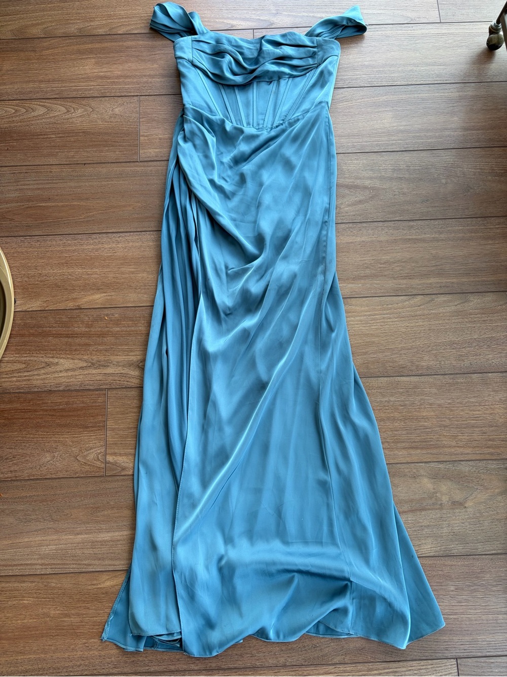 Azazie Teal Blue Off-Shoulder Satin Gown